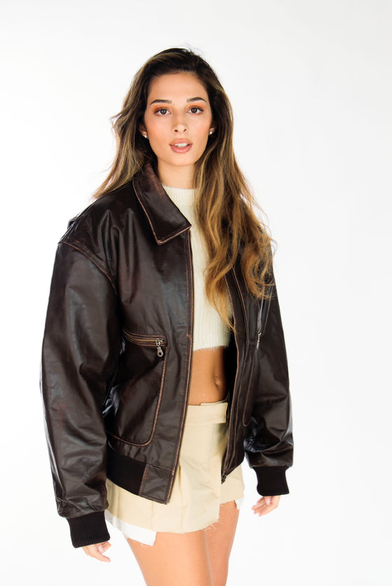 Felix Distressed Brown Oversized Bomber Jacket