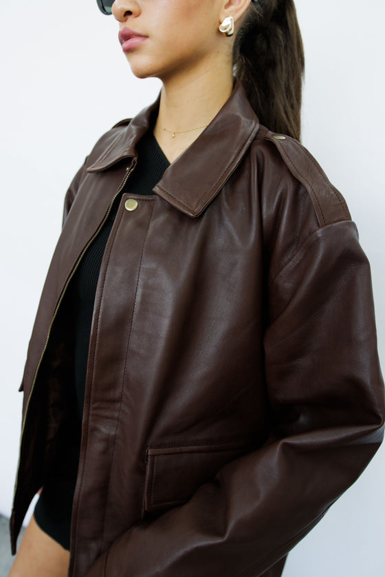 Clara 90s Brown Oversized Leather Jacket