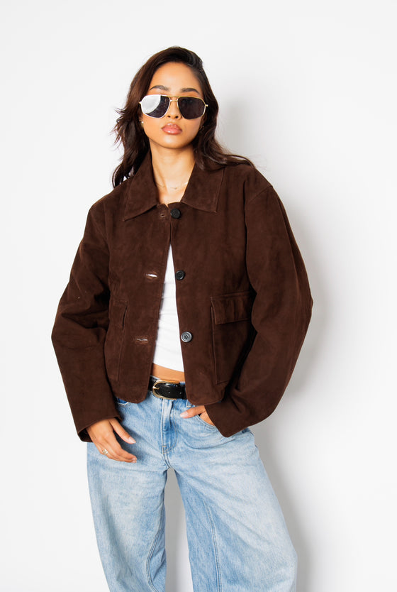 Alba Coffee Brown Suede Cropped Jacket