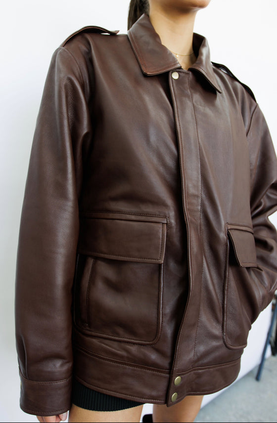 Clara 90s Brown Oversized Leather Jacket