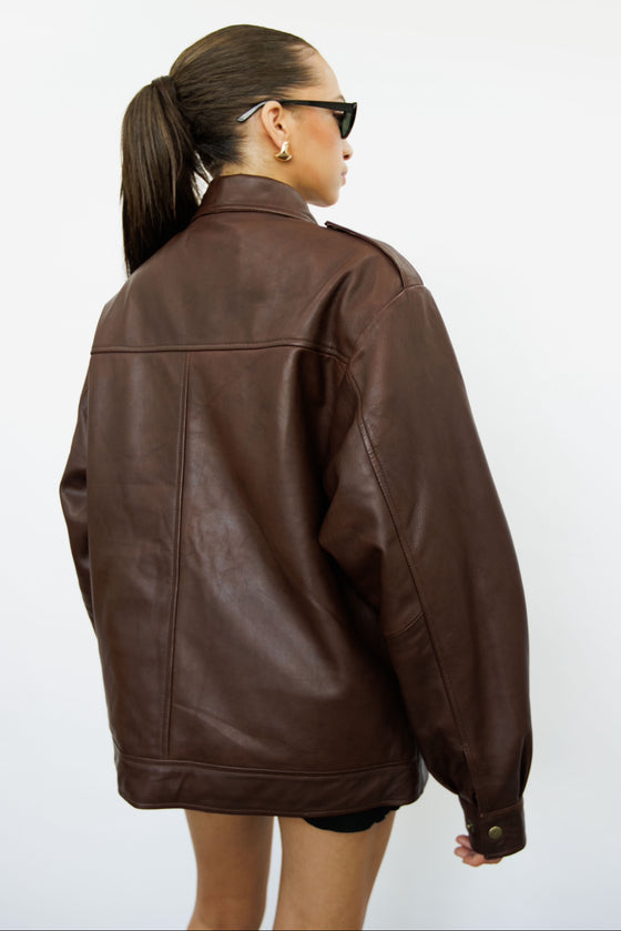 Clara 90s Brown Oversized Leather Jacket