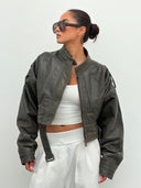 Bella Cropped Leather Jacket in Desert Olive