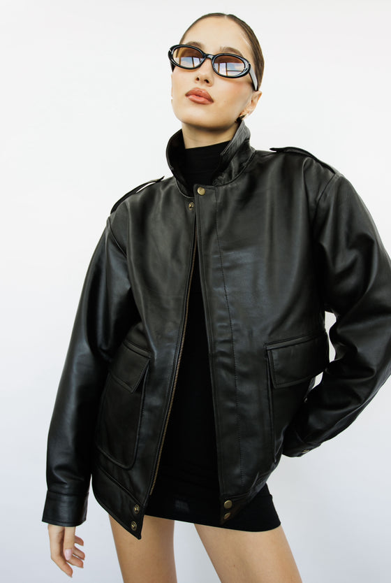 Clara 90s Oversized Black Leather Jacket