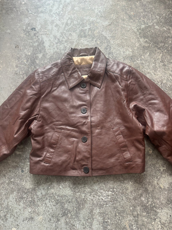 BOXY BROWN OVERSIZED BUTTONED LEATHER JACKET