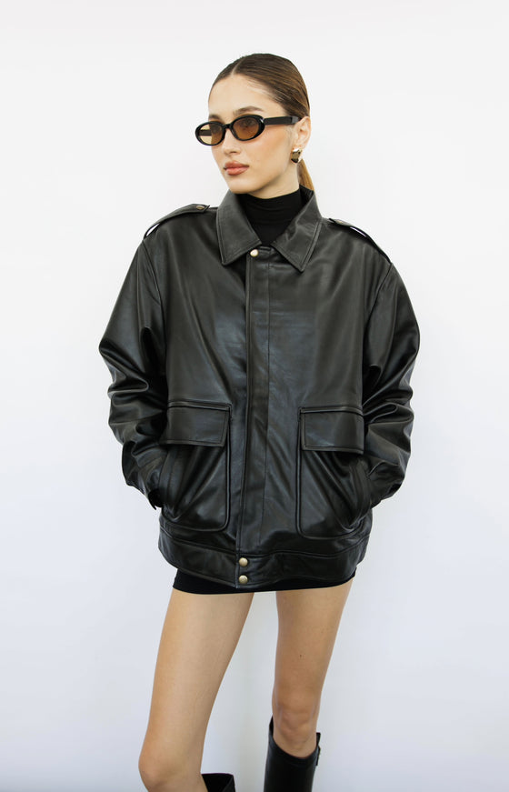 Clara 90s Oversized Black Leather Jacket