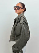 Bella Cropped Leather Jacket in Desert Olive