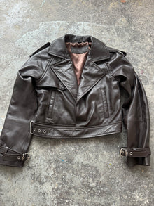  Brown cropped biker leather jacket