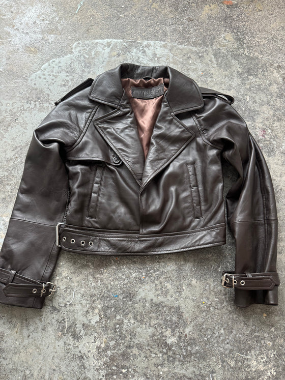 Brown cropped biker leather jacket