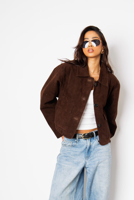 Alba Coffee Brown Suede Cropped Jacket