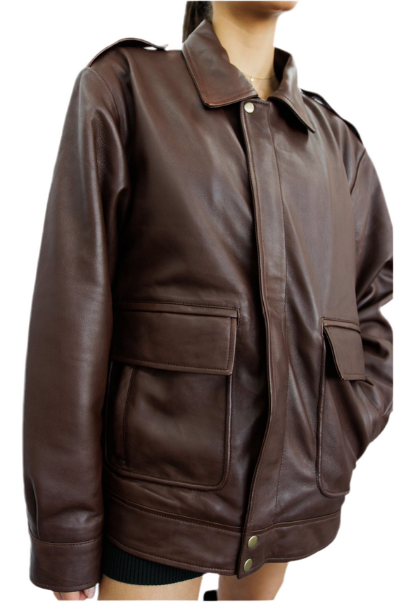 Clara 90s Brown Oversized Leather Jacket