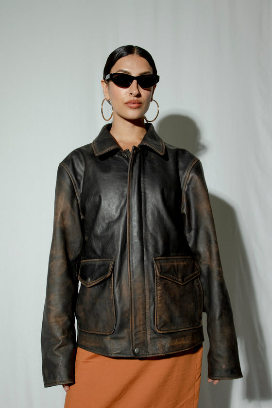 Dante Oversized Distressed Bomber Leather Jacket