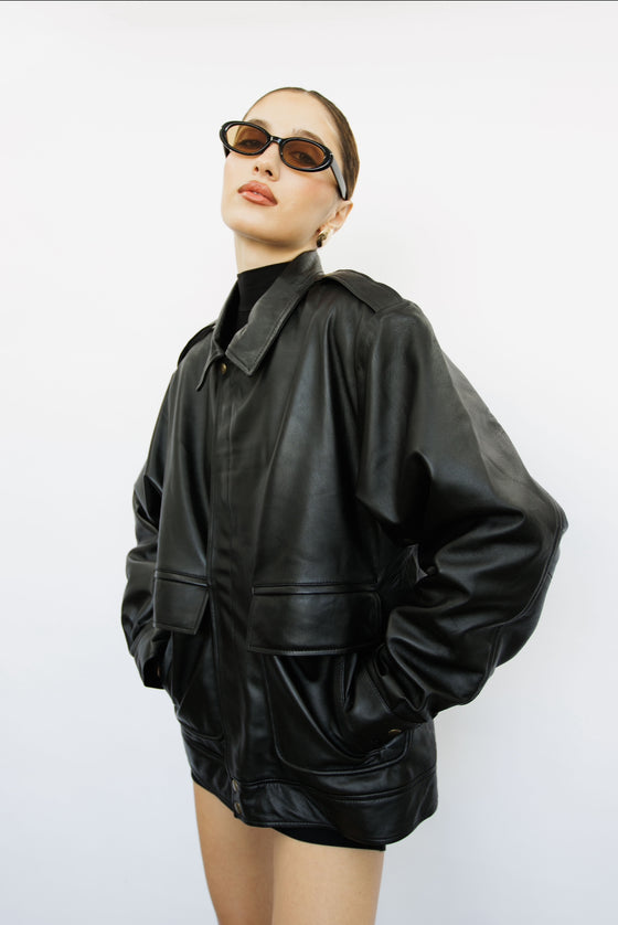 Clara 90s Oversized Black Leather Jacket