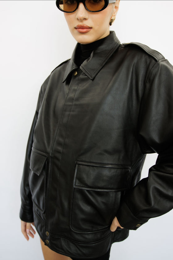 Clara 90s Oversized Black Leather Jacket