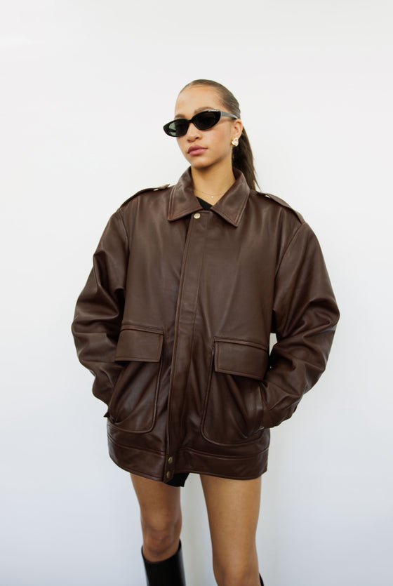 Clara 90s Brown Oversized Leather Jacket