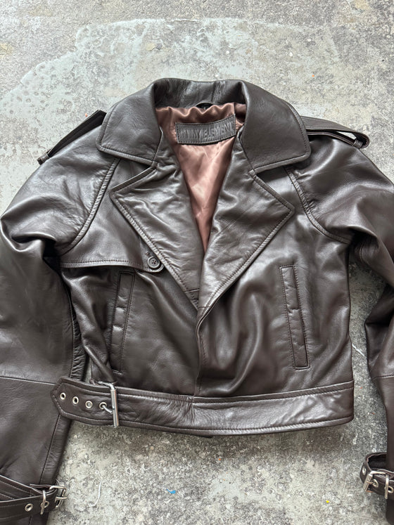 Brown cropped biker leather jacket