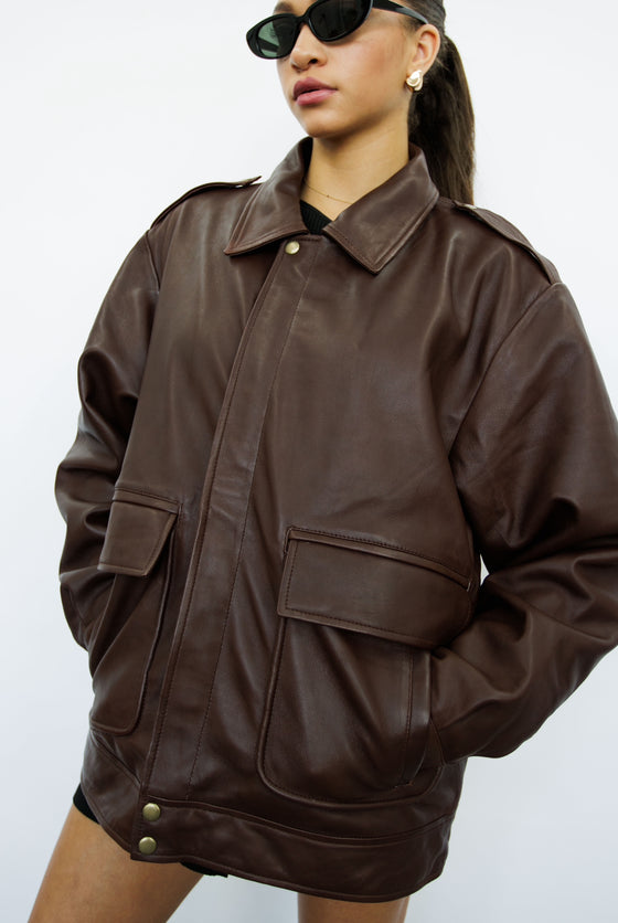 Clara 90s Brown Oversized Leather Jacket