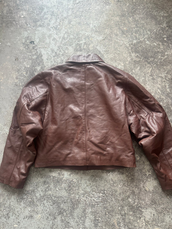 BOXY BROWN OVERSIZED BUTTONED LEATHER JACKET