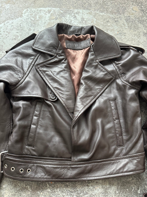 Brown cropped biker leather jacket