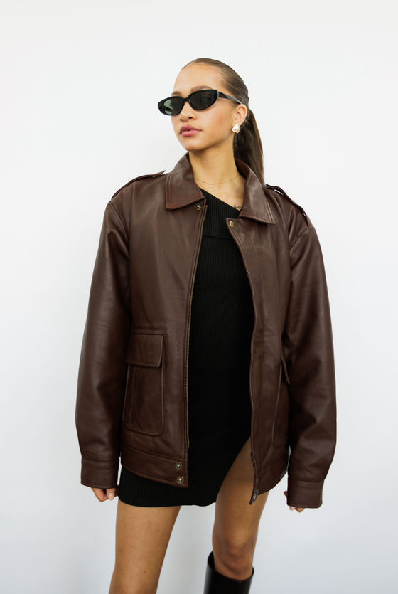 Clara 90s Brown Oversized Leather Jacket