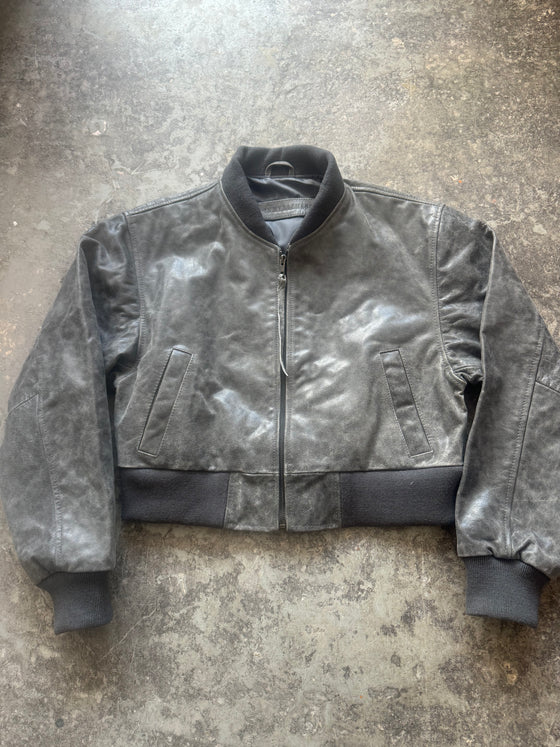 Cropped Bomber Jacket – Distressed Grey Sheepskin (Sample Piece)