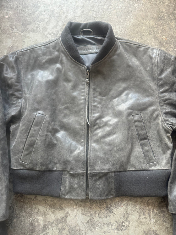 Cropped Bomber Jacket – Distressed Grey Sheepskin (Sample Piece)