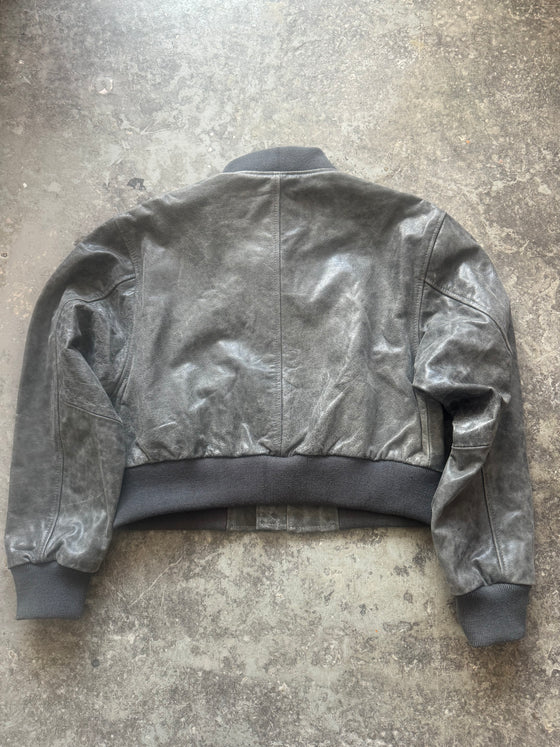 Cropped Bomber Jacket – Distressed Grey Sheepskin (Sample Piece)