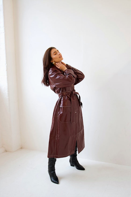 Burgundy PU Leather Trench Coat