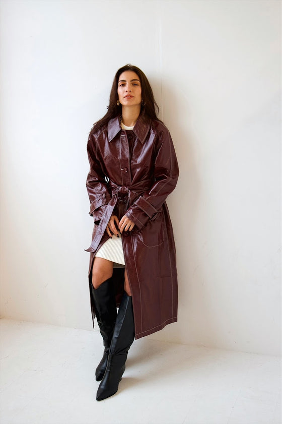 Burgundy PU Leather Trench Coat