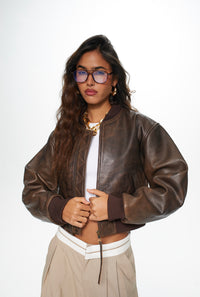 Bombi Vintage Brown Cropped Leather Bomber Jacket