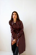 Burgundy PU Leather Trench Coat