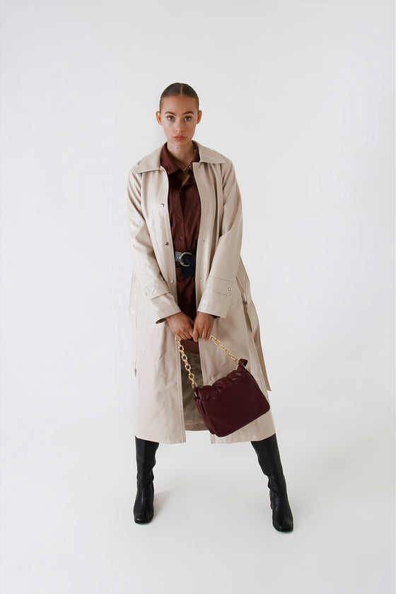 Two Toned PU Leather Trench Coat Nude
