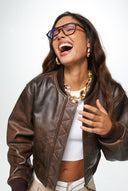 Bombi Vintage Brown Cropped Leather Bomber Jacket