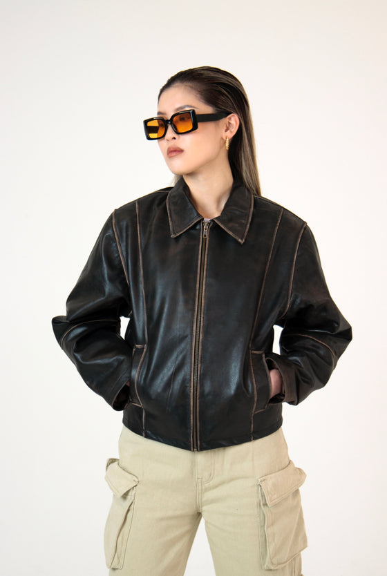 Mabel Distressed Brown Leather Jacket – In My Element