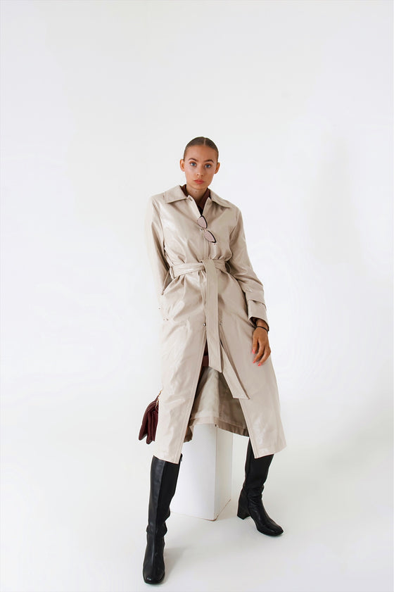 Two Toned PU Leather Trench Coat Nude